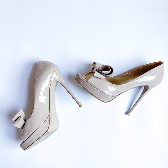 Valentino Patent Leather Bow Peep Toe Heels - Picture 3 of 7